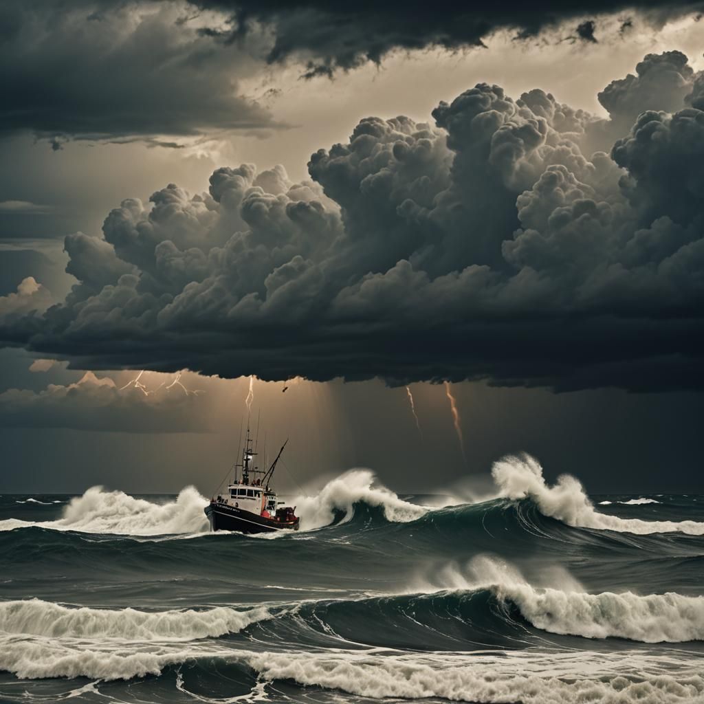 Fishing Boat Versus Huge Storm in Cinematic Style
