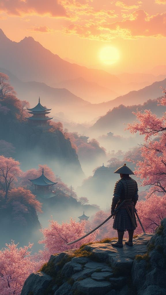 Lone Samurai Overlooks Cherry Blossom Valley