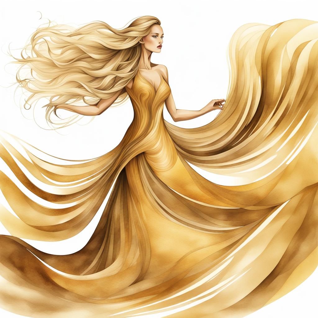 Woman in Gold Dress Twirling: Watercolor Illustration