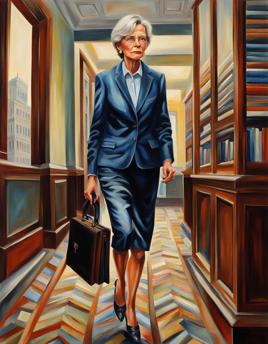 Stylish Woman CEO Arriving at Office: Oil Painting