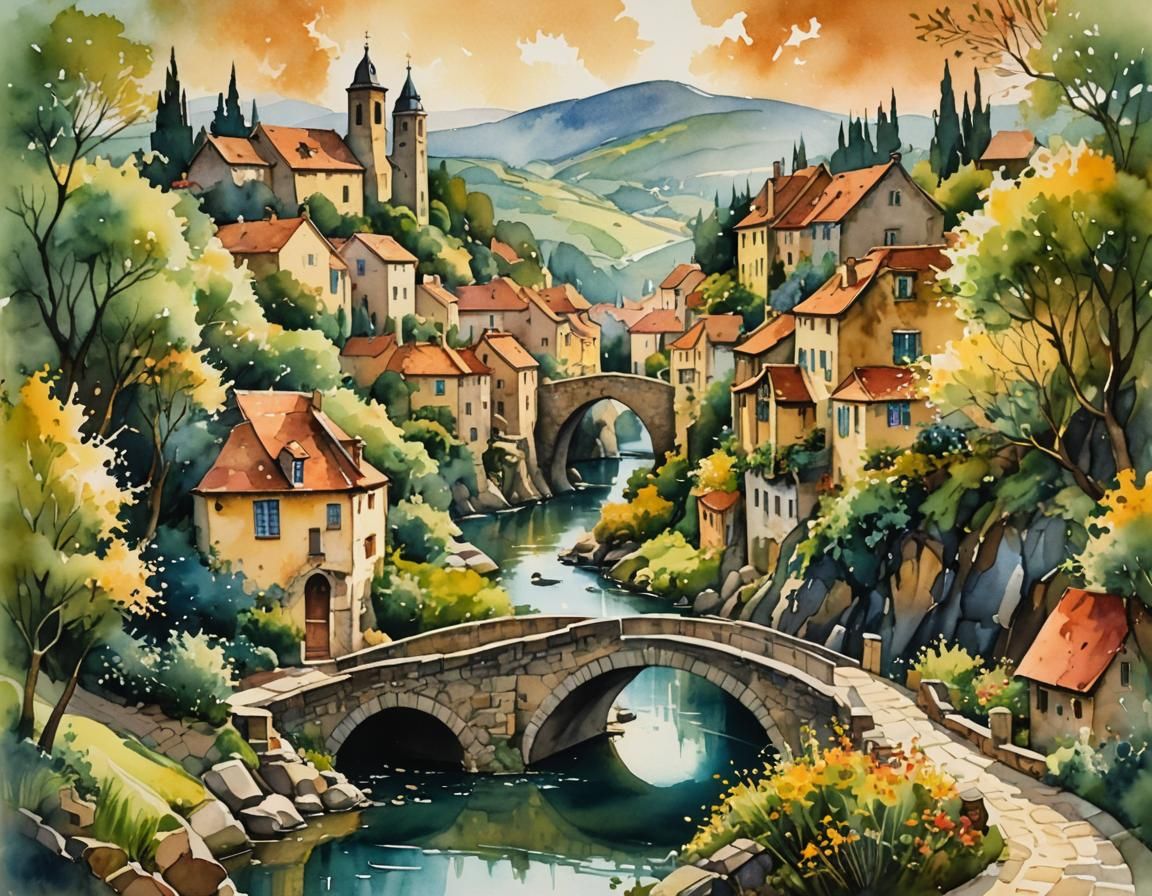 Quaint Village in Watercolor with Ethereal Textures
