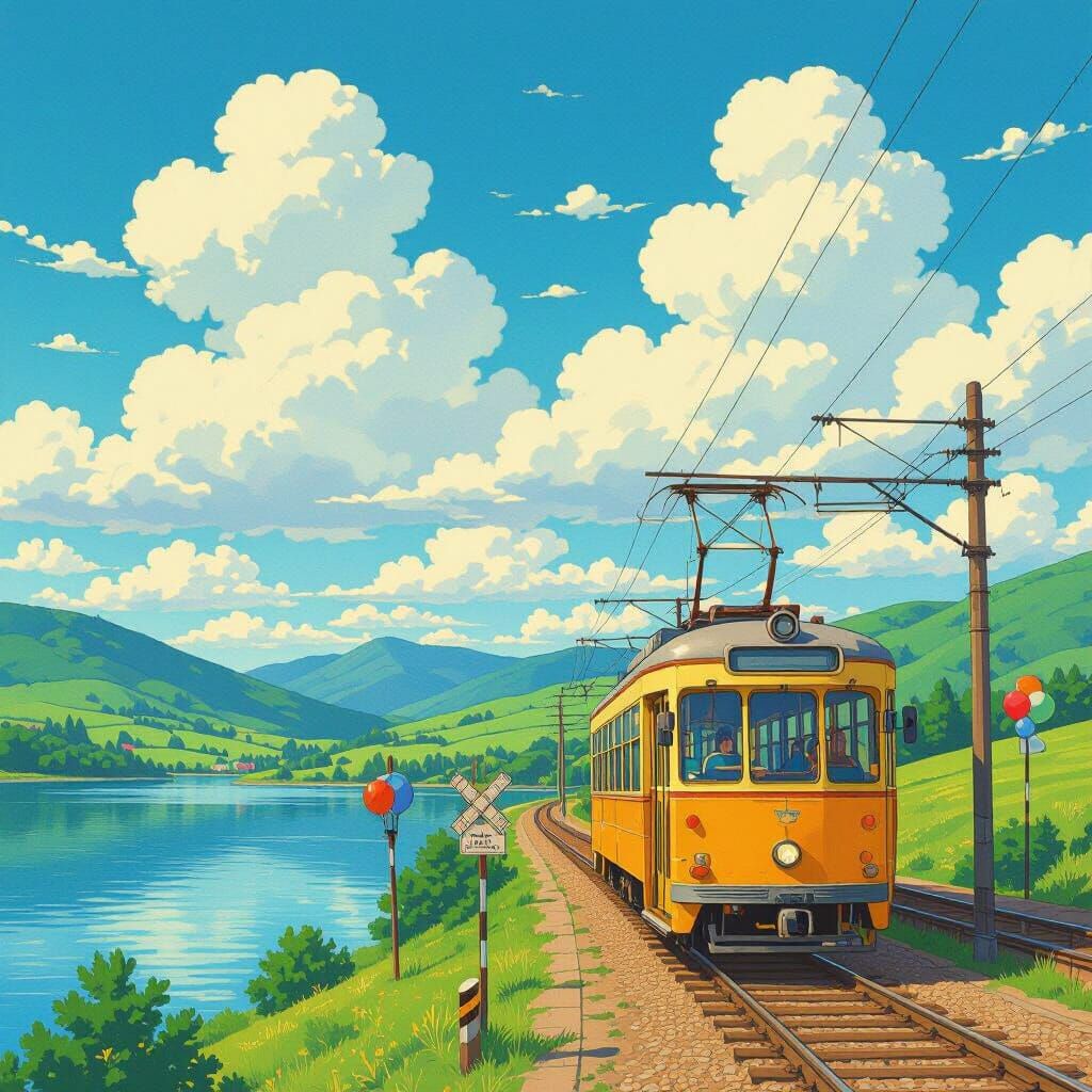 Yellow Streetcar by Lake in Anime Style