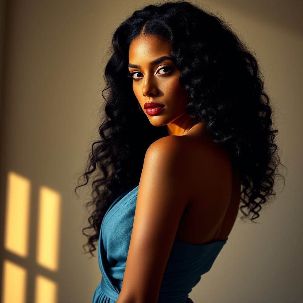 Elegant Woman in Azure Linen Gown