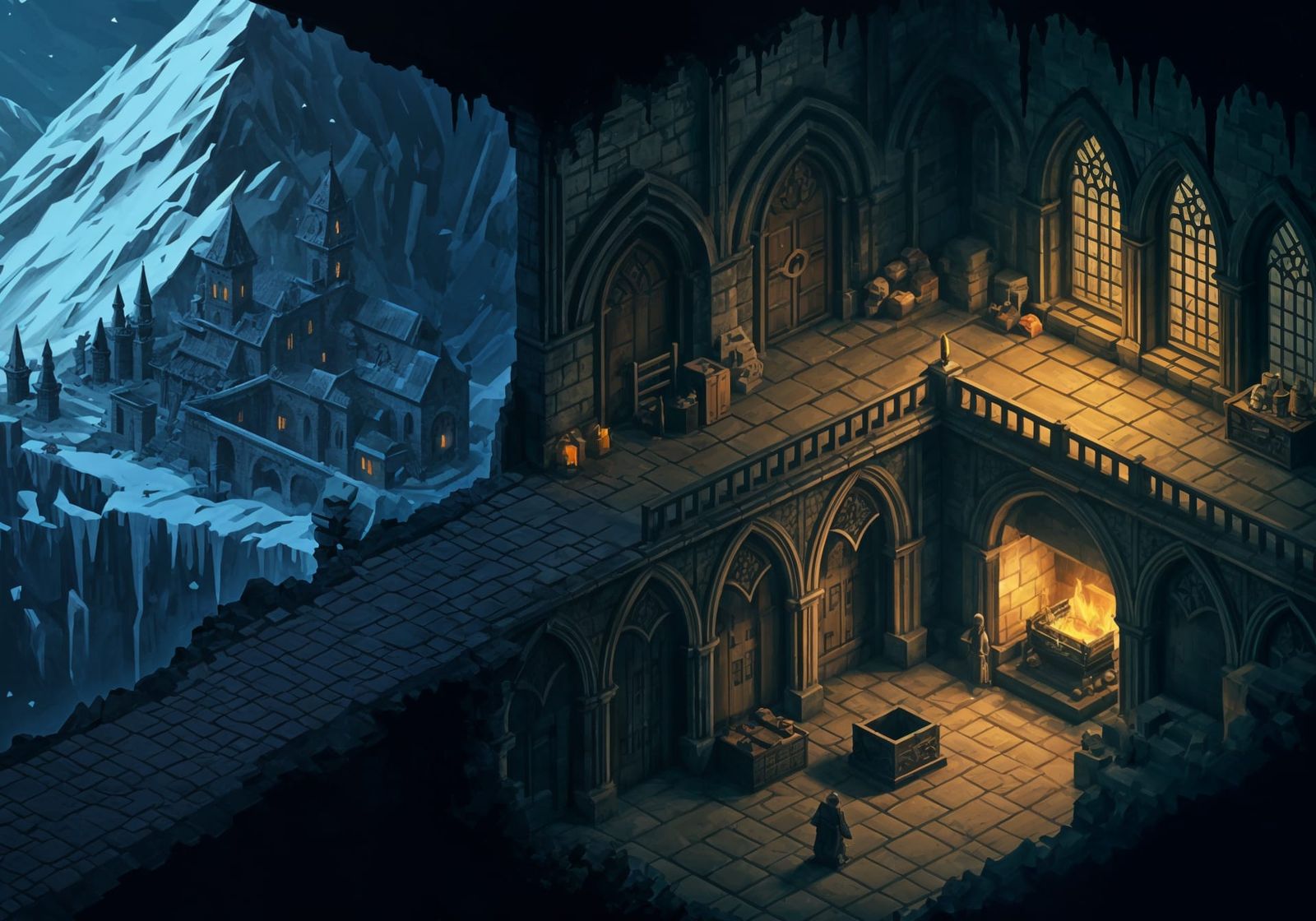 Isometric Pixel Art Halloween Dungeon and Snowy Town