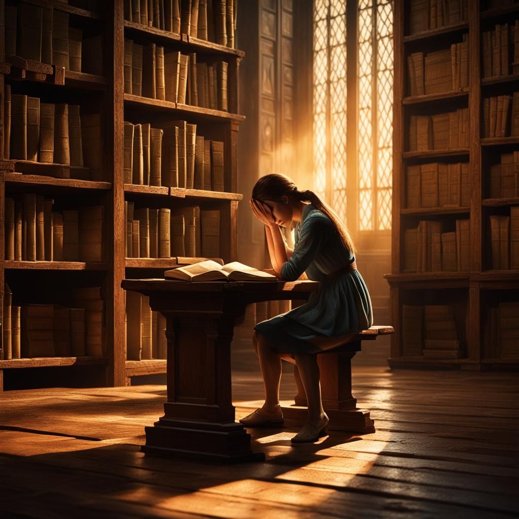 Young Woman Lost in Thought Amidst Ancient Tomes