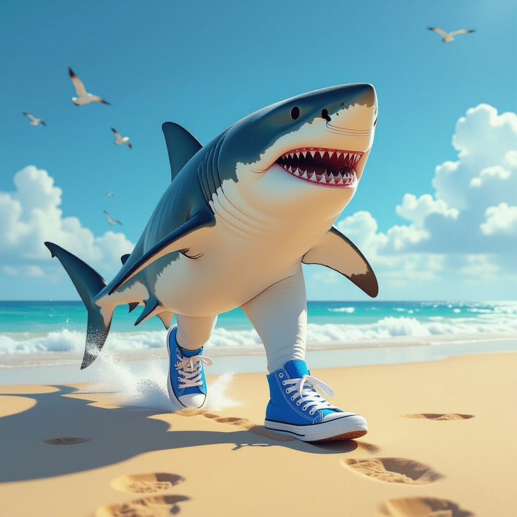 Hyperrealistic Shark Walks Beach in Blue Sneakers
