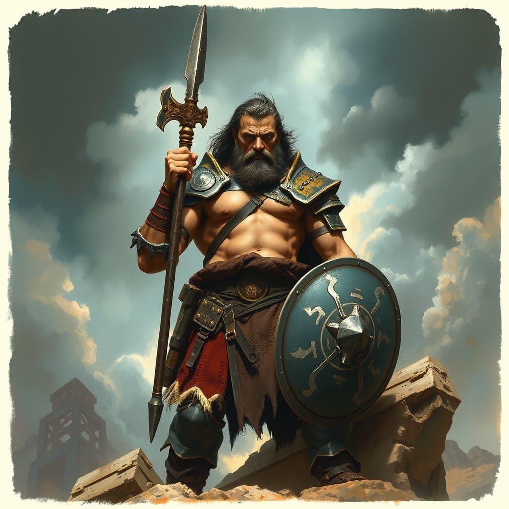 Valiant Warrior in Stormy Landscape