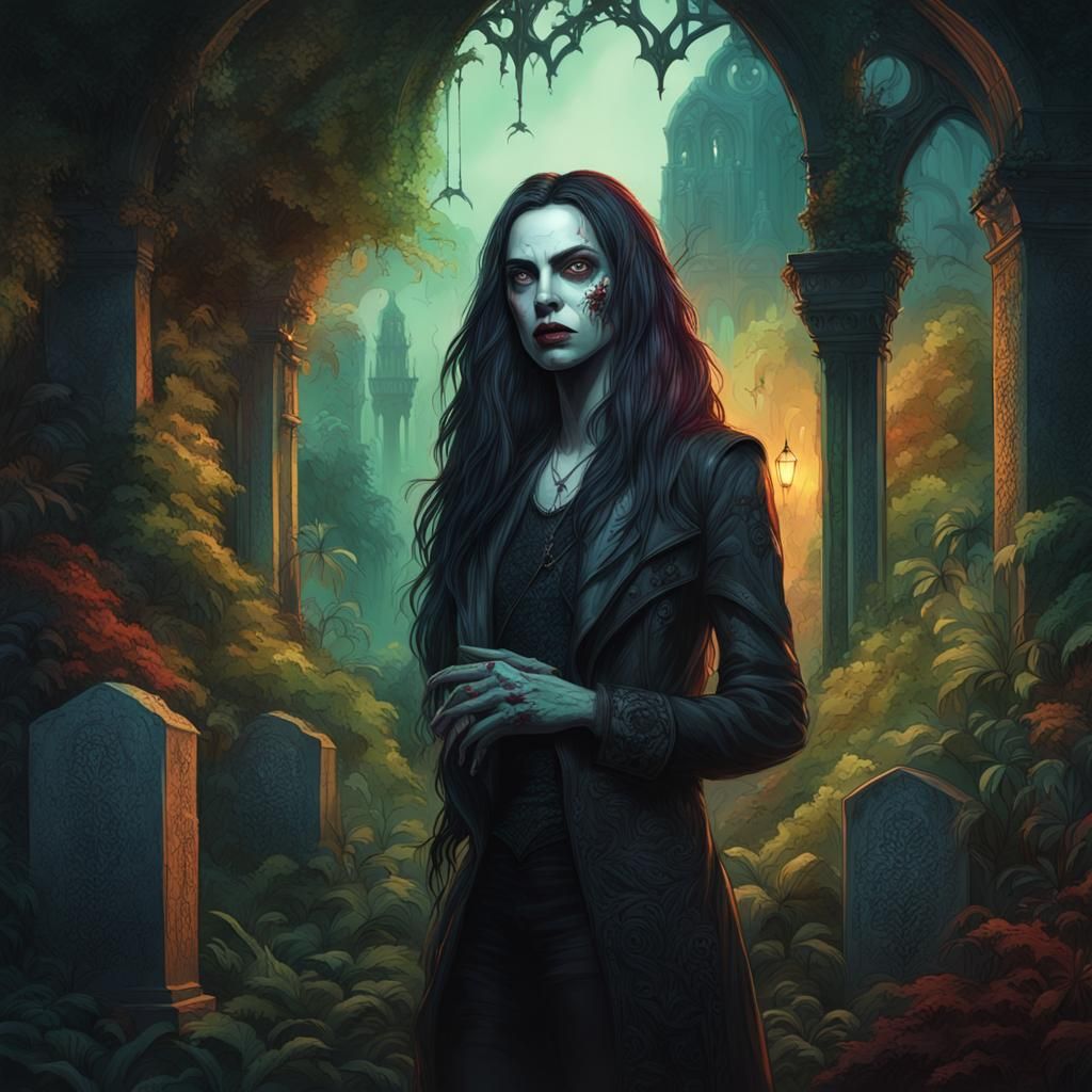 Vampire in Overgrown Graveyard: Hyperrealistic Concept Art