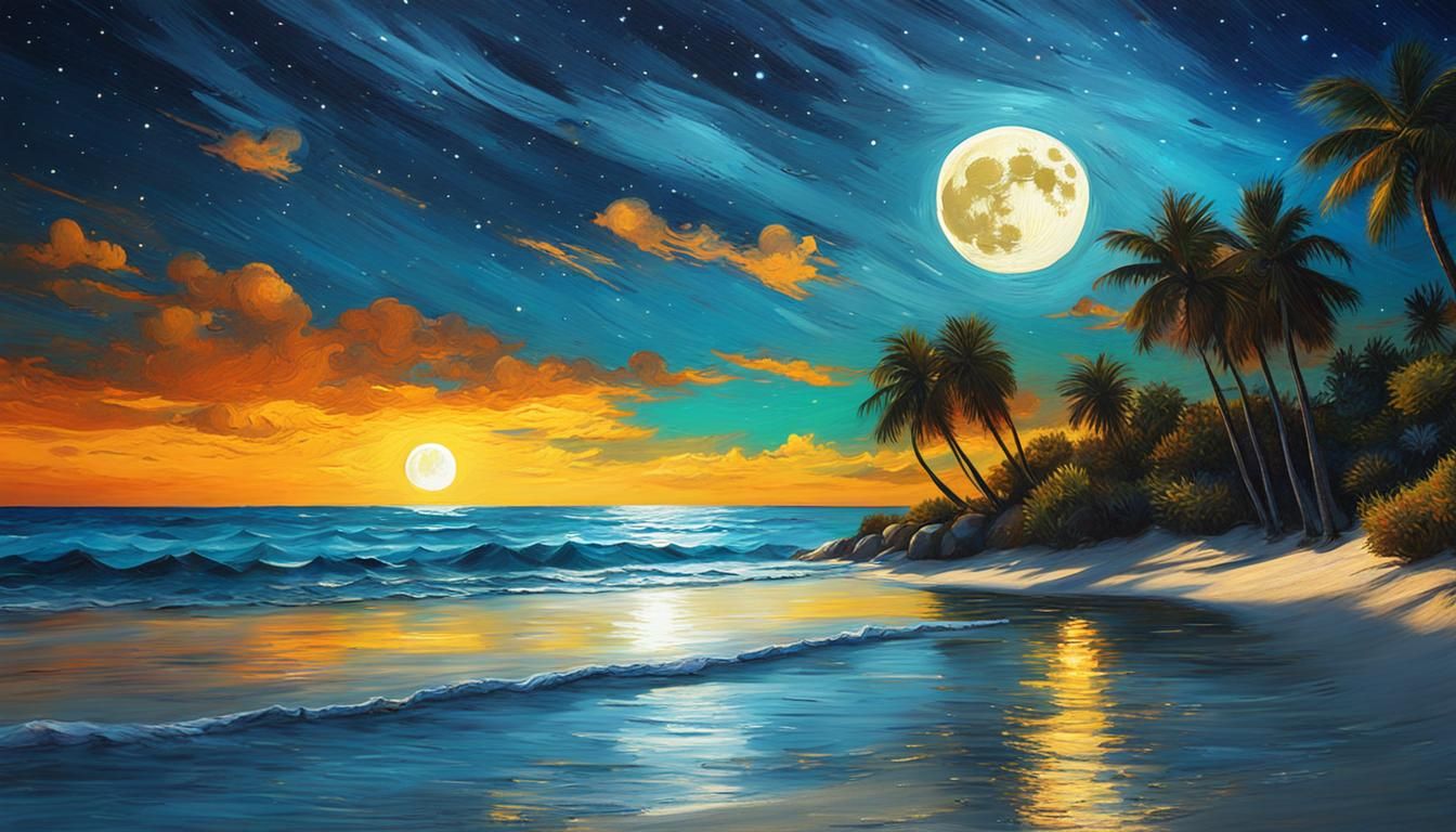Post-Impressionist Tropical Beach Under Starry Night