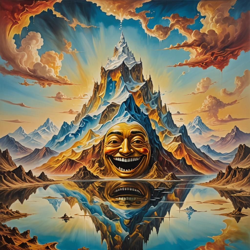 Surrealist Smiling Mountain Rises From Lake