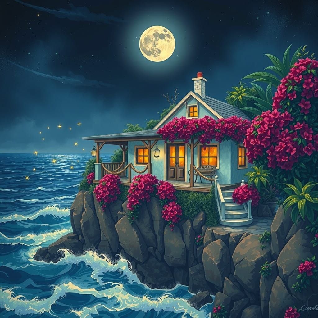 Whimsical Cottage Amidst a Luminous Moonlit Landscape