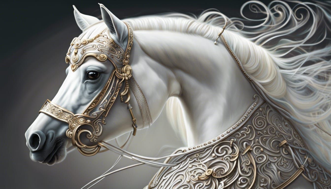 Magnificent White Horse with Detailed Bridle