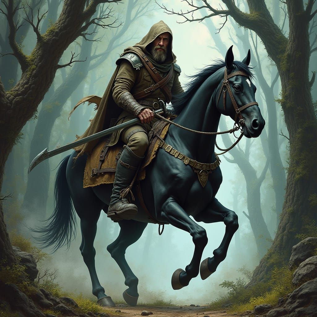 Dragonborn Commander Rides Dark Horse Through Mystical Fores...