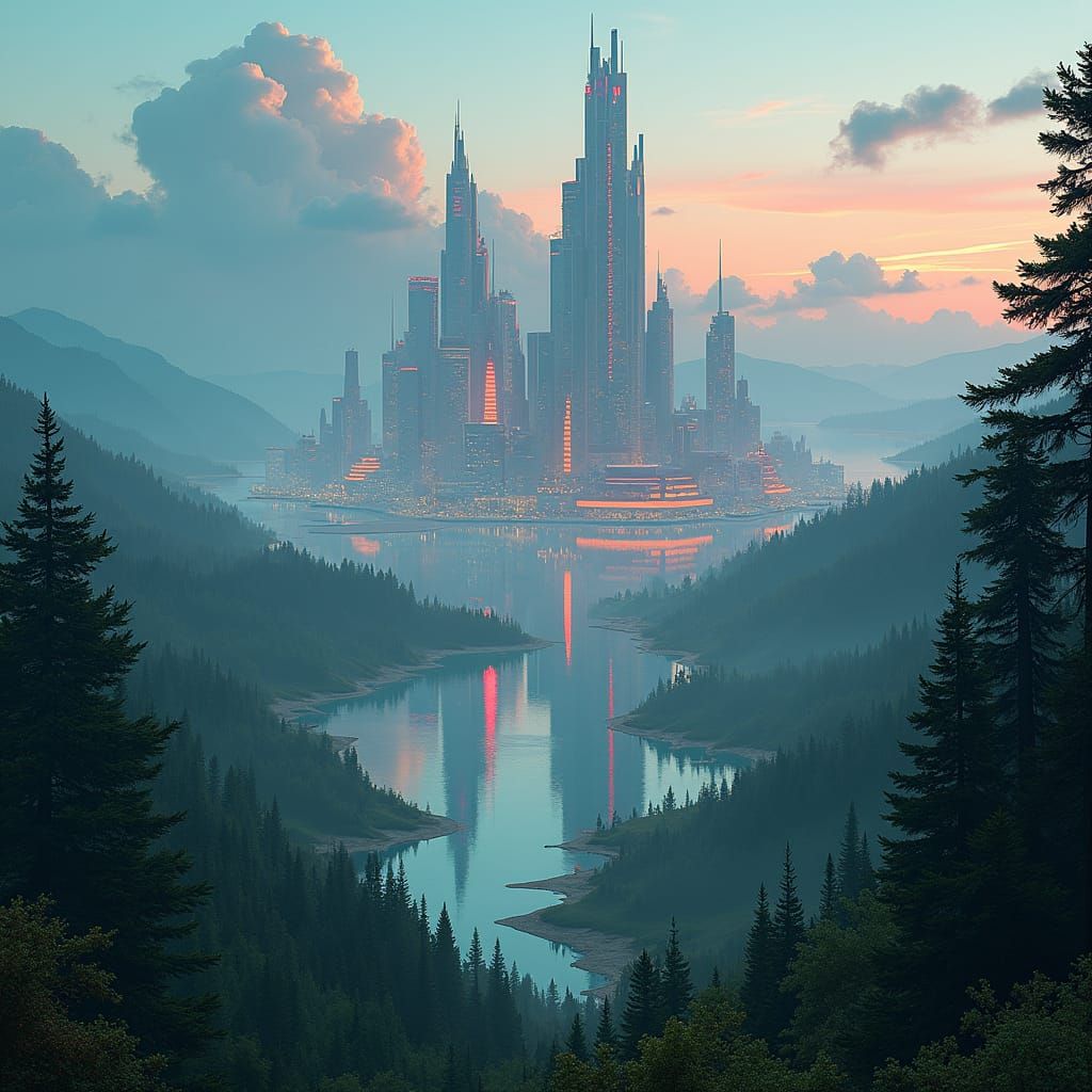 Cyberpunk City Amidst Natural Splendor