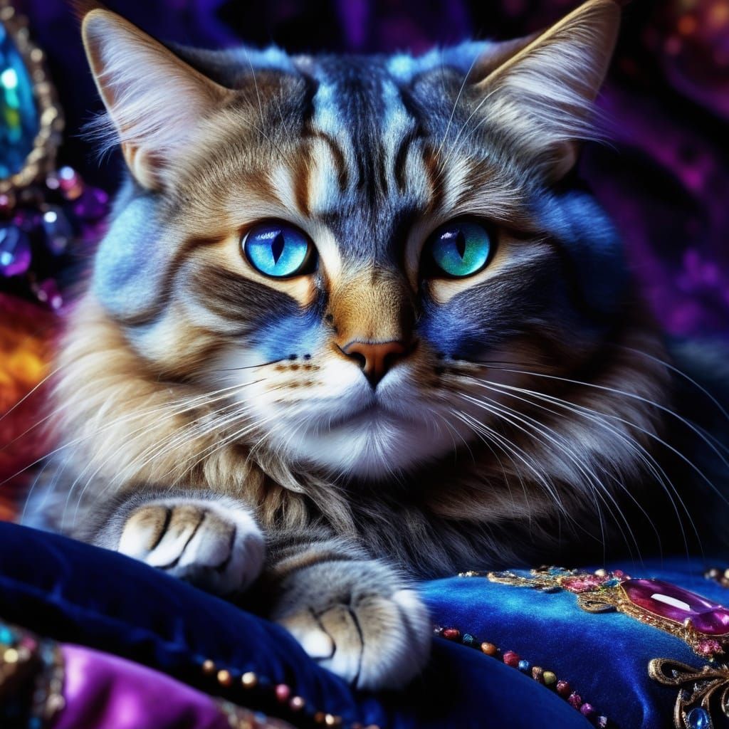 Regal Gemstone Cat in Dramatic Fantasy Art Style