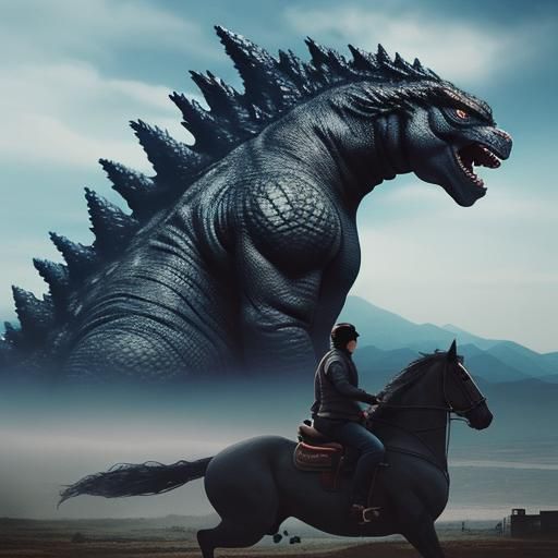 Godzilla Riding a Horse in Humorous Scene