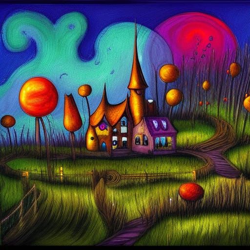 Halloween Garden Fantasy in Neo-Impressionist Style