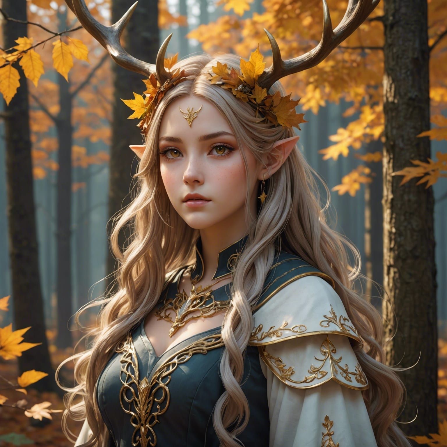 Fae Maiden with Antlers in Autumn Forest
