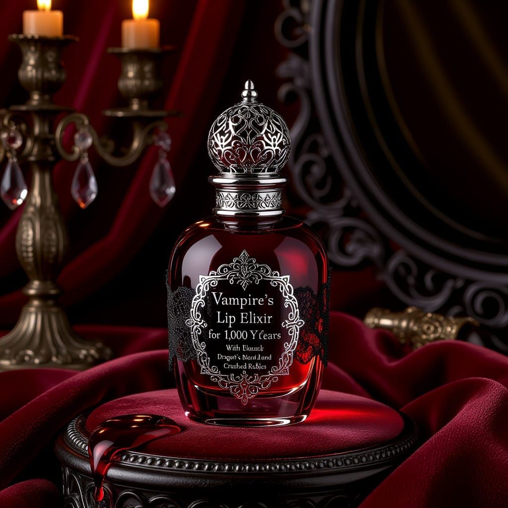 Gothic Vampire's Kiss Lip Elixir Bottle on Velvet Vanity