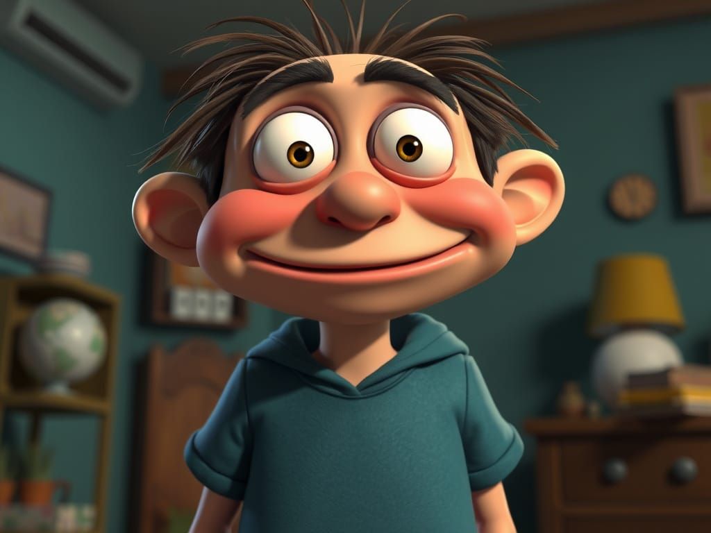 A silly character with oversized features.
A scene that feels like a Saturday morning show.