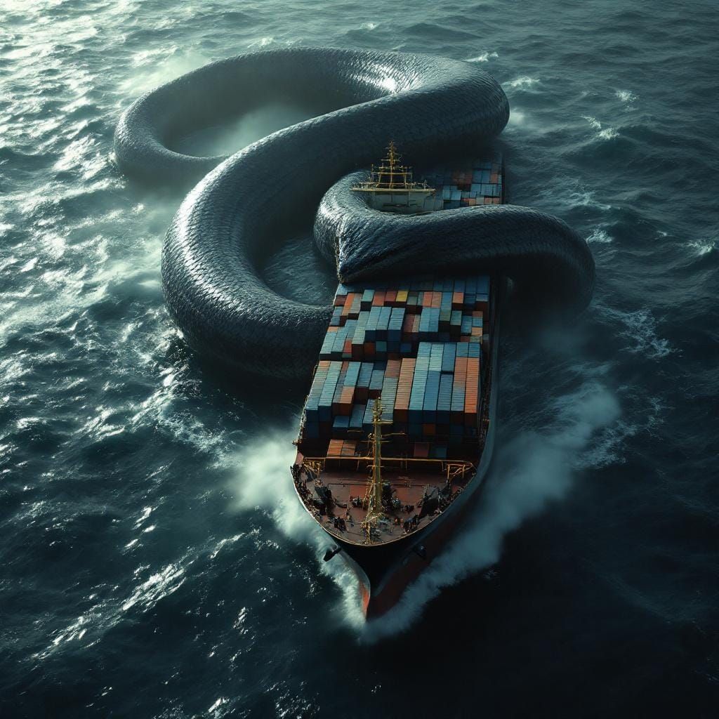Giant Anaconda Lifts Cargo Ship in Stormy Ocean