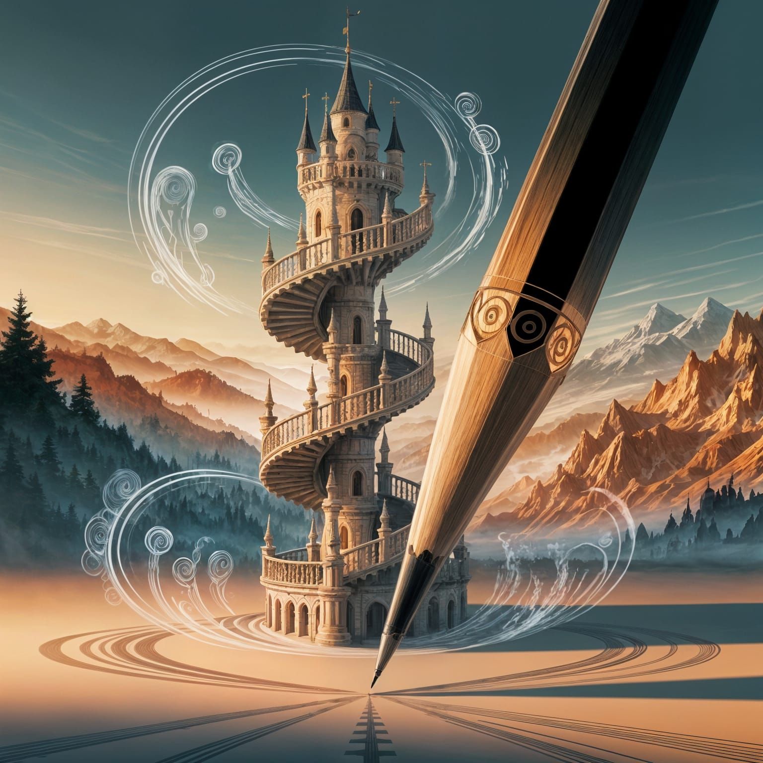 Castle Emerging From Giant Pencil Over Misty Mountains