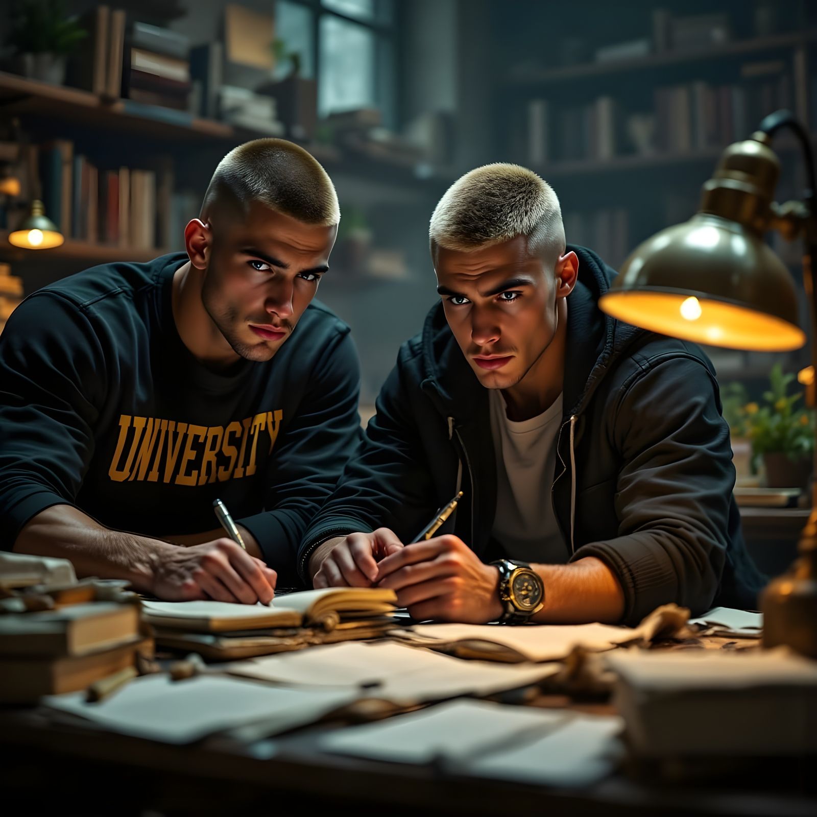 Two Students Pour Over Textbooks in a Dimly Lit University L...