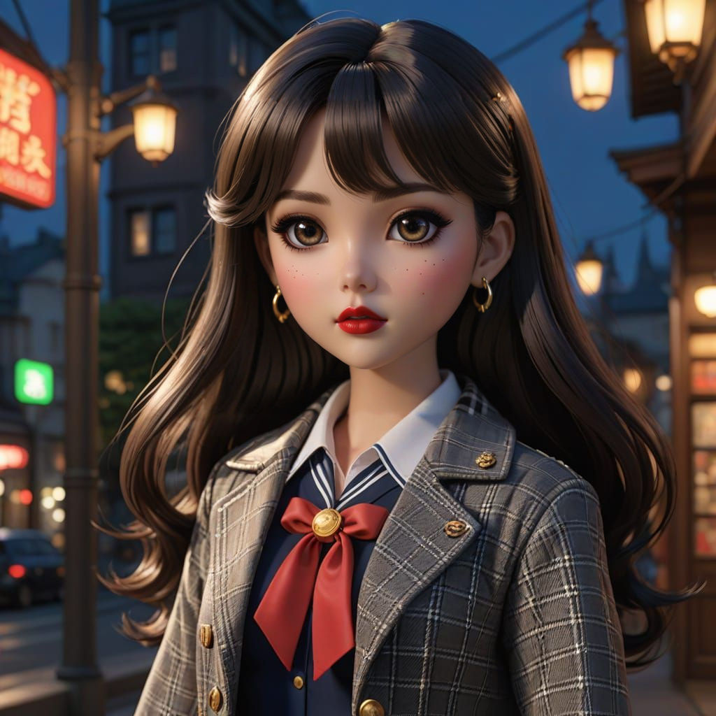 Miniature Anime-Inspired Doll in Houndstooth Jacket