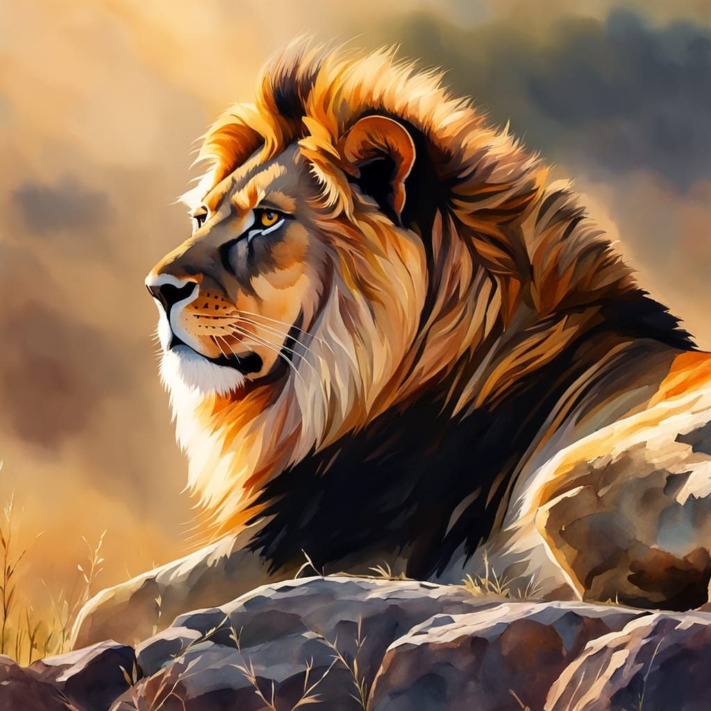 Golden Lion in Savannah Landscape