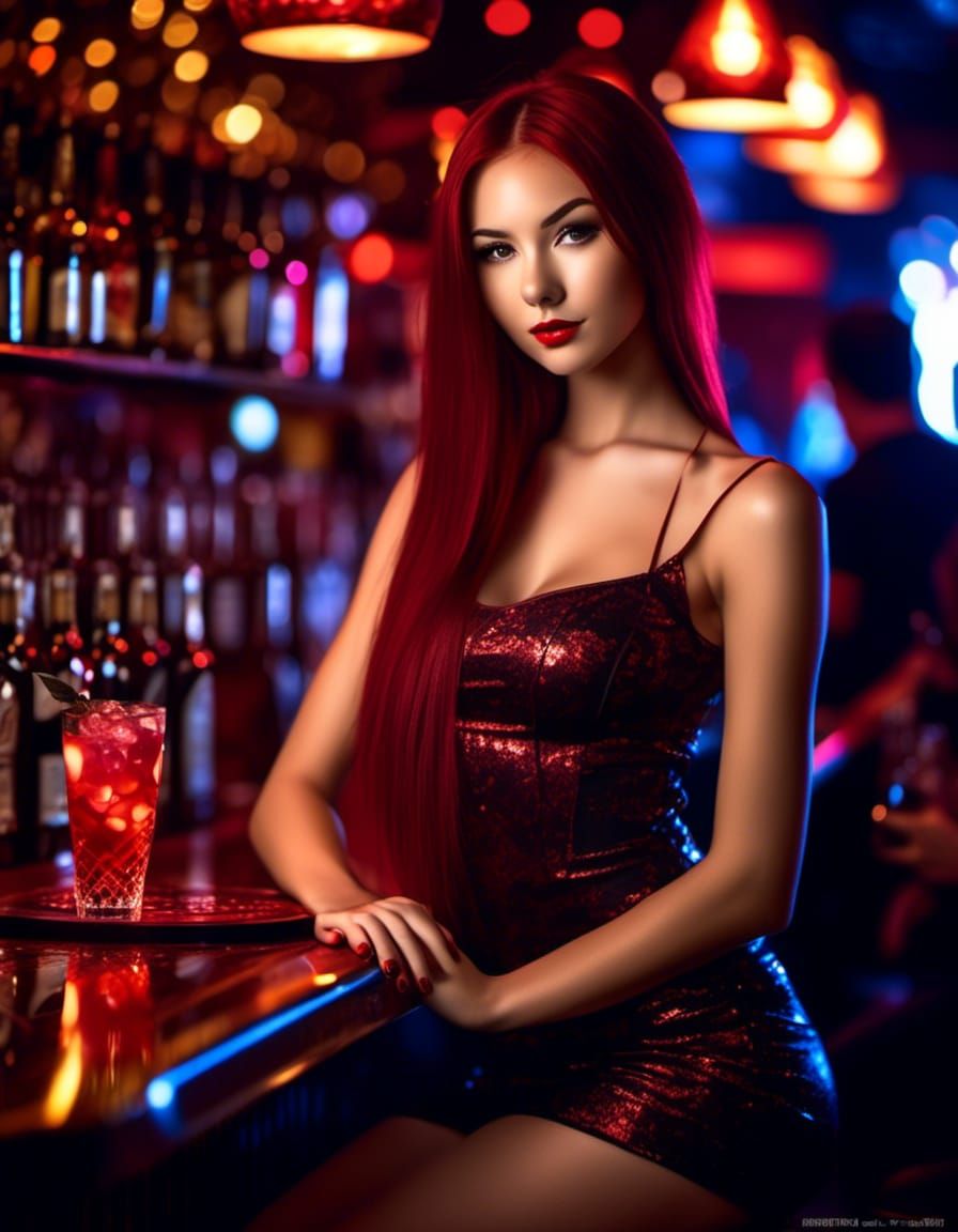 Beautiful Waitress in Hyperreal Nightlife Setting
