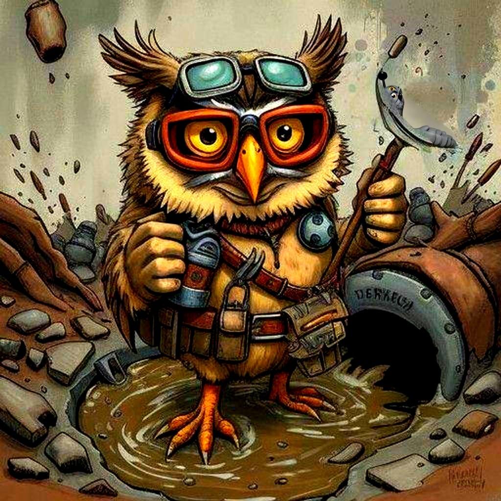 Comical Owl Plumber with Black Plunger in Caricature Style
