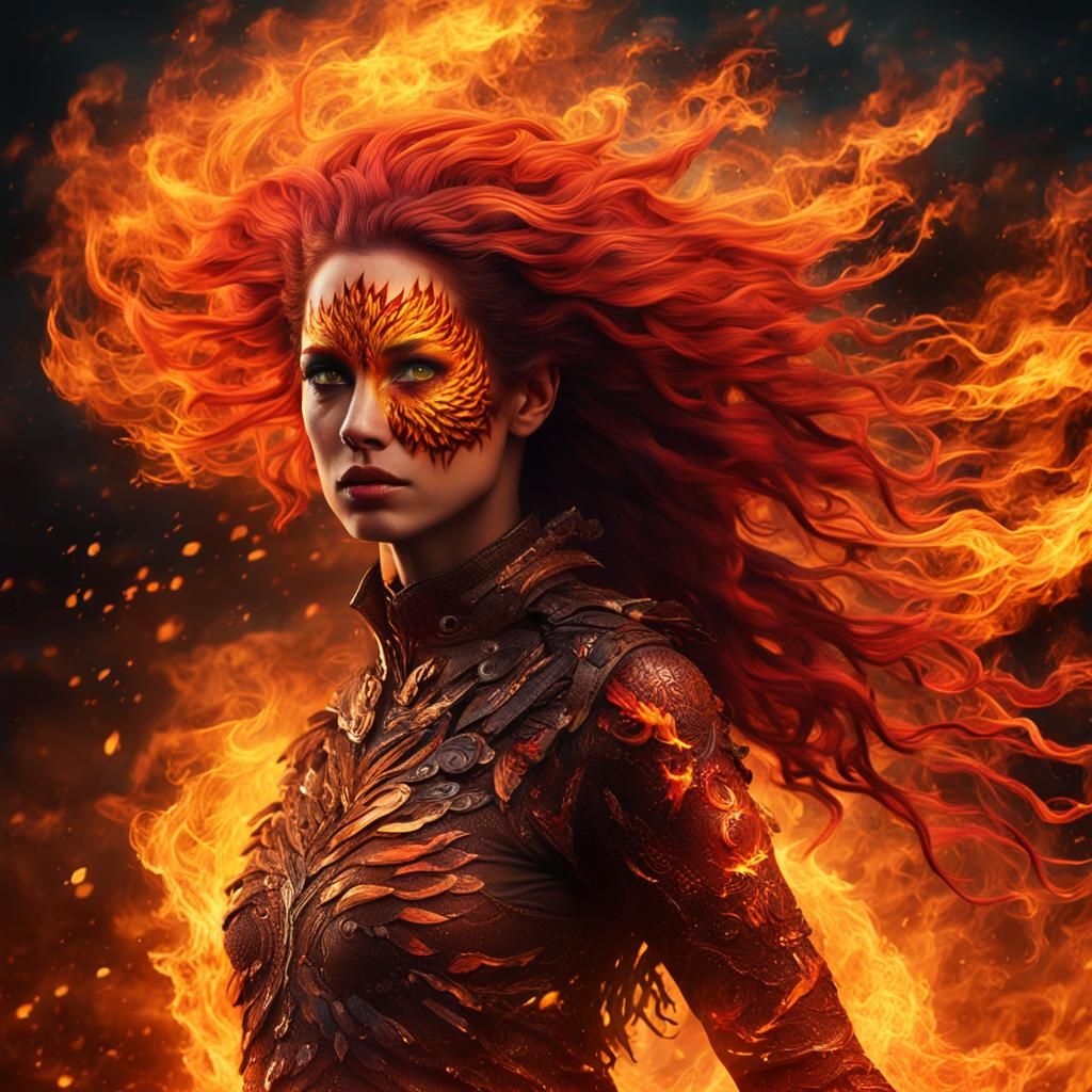 Phoenix Woman with Fire Hair in Cinematic CGI
