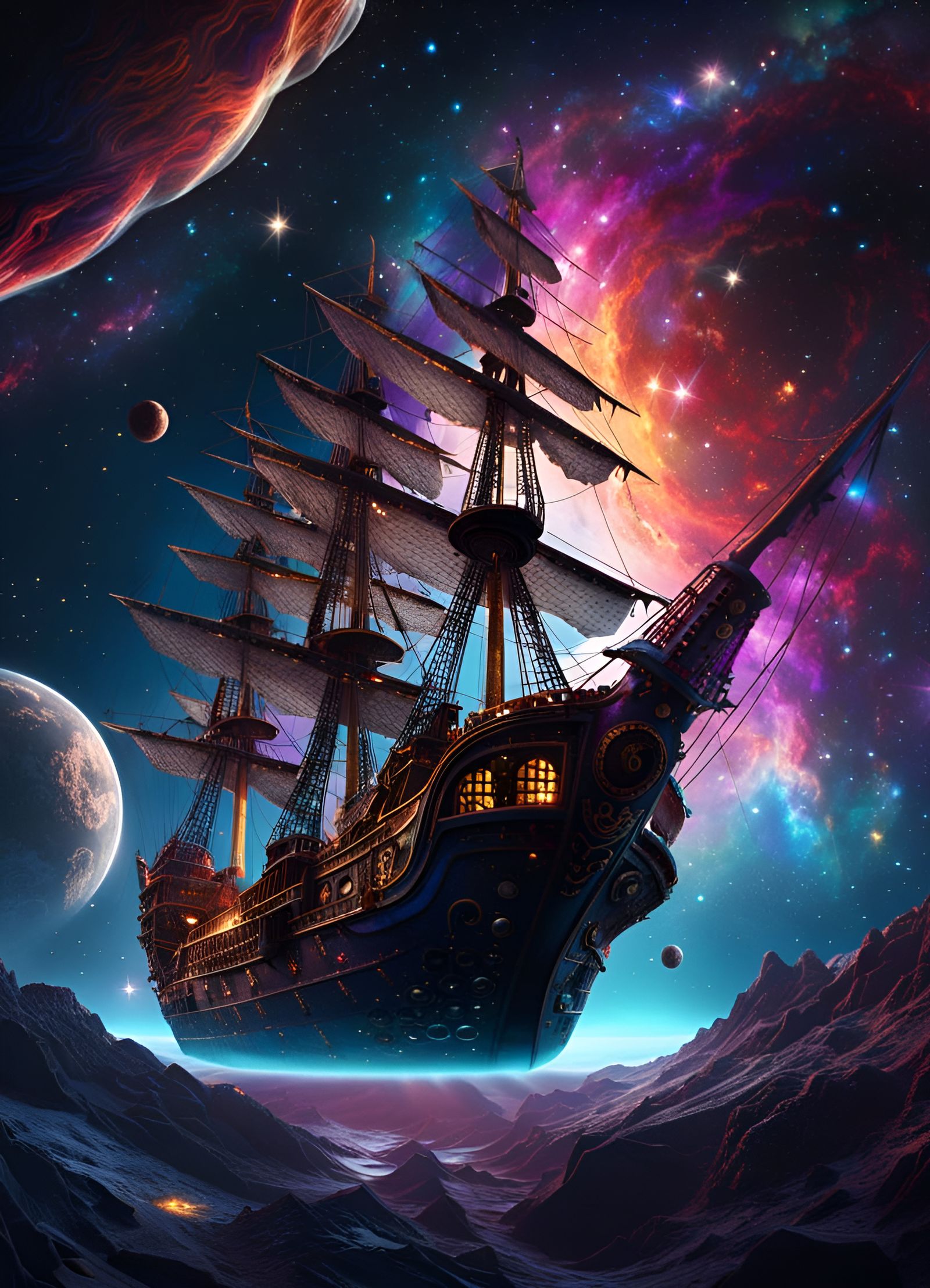 Cosmic Pirate Ship Sailing Through Deep Space