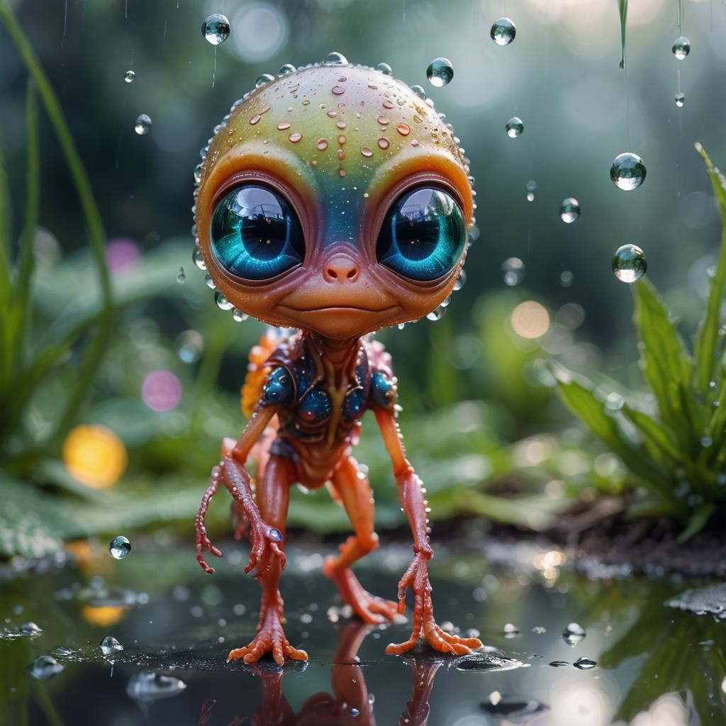 Adorable Alien Gazing at Reflection in Dewdrop