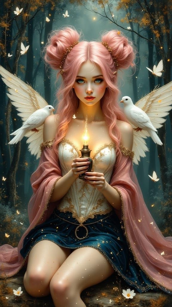 Pre-Raphaelite Woman with Fairy Wings and Lamp