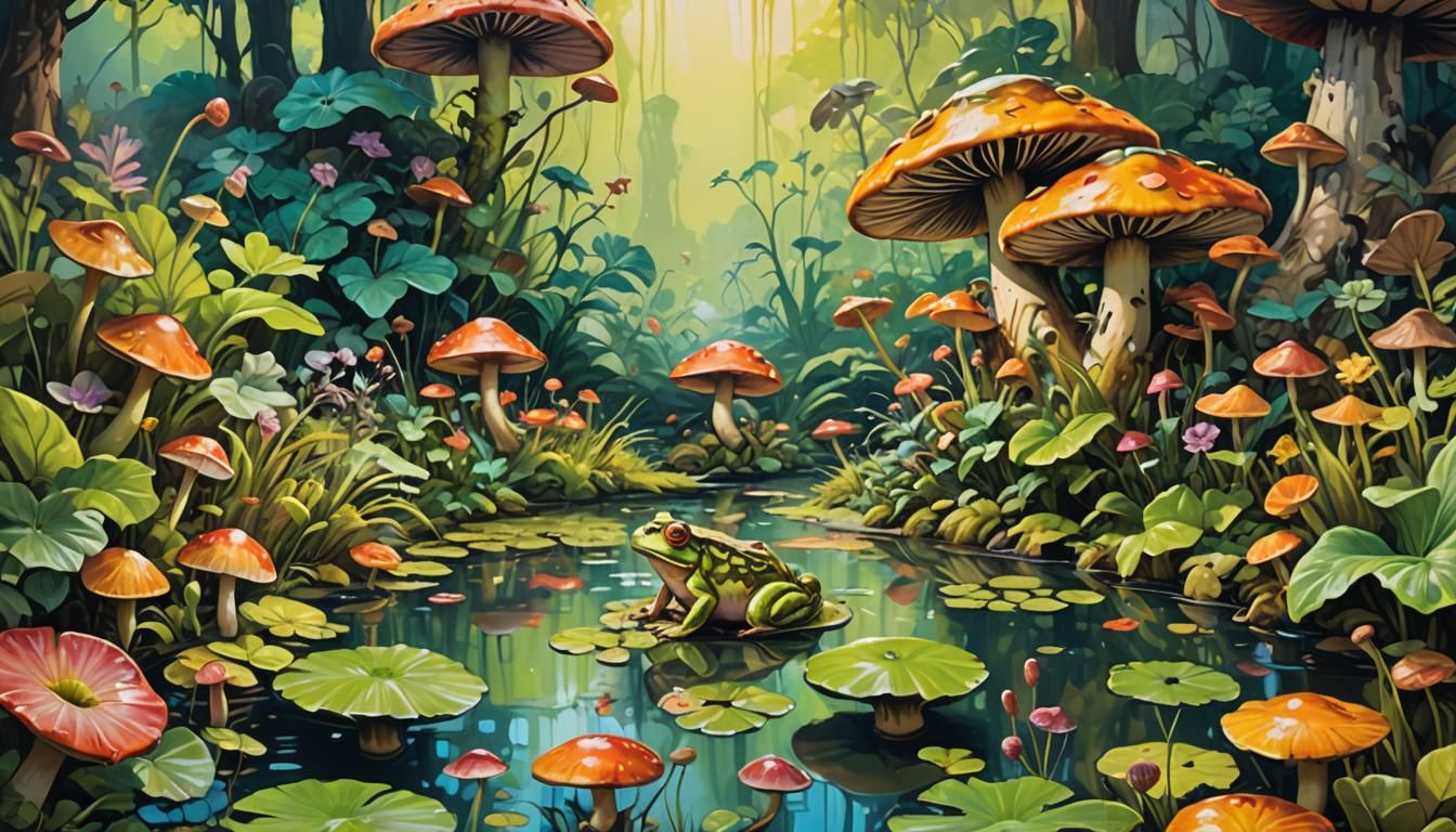 Polychromatic Street Art: Frogs and Giant Mushrooms