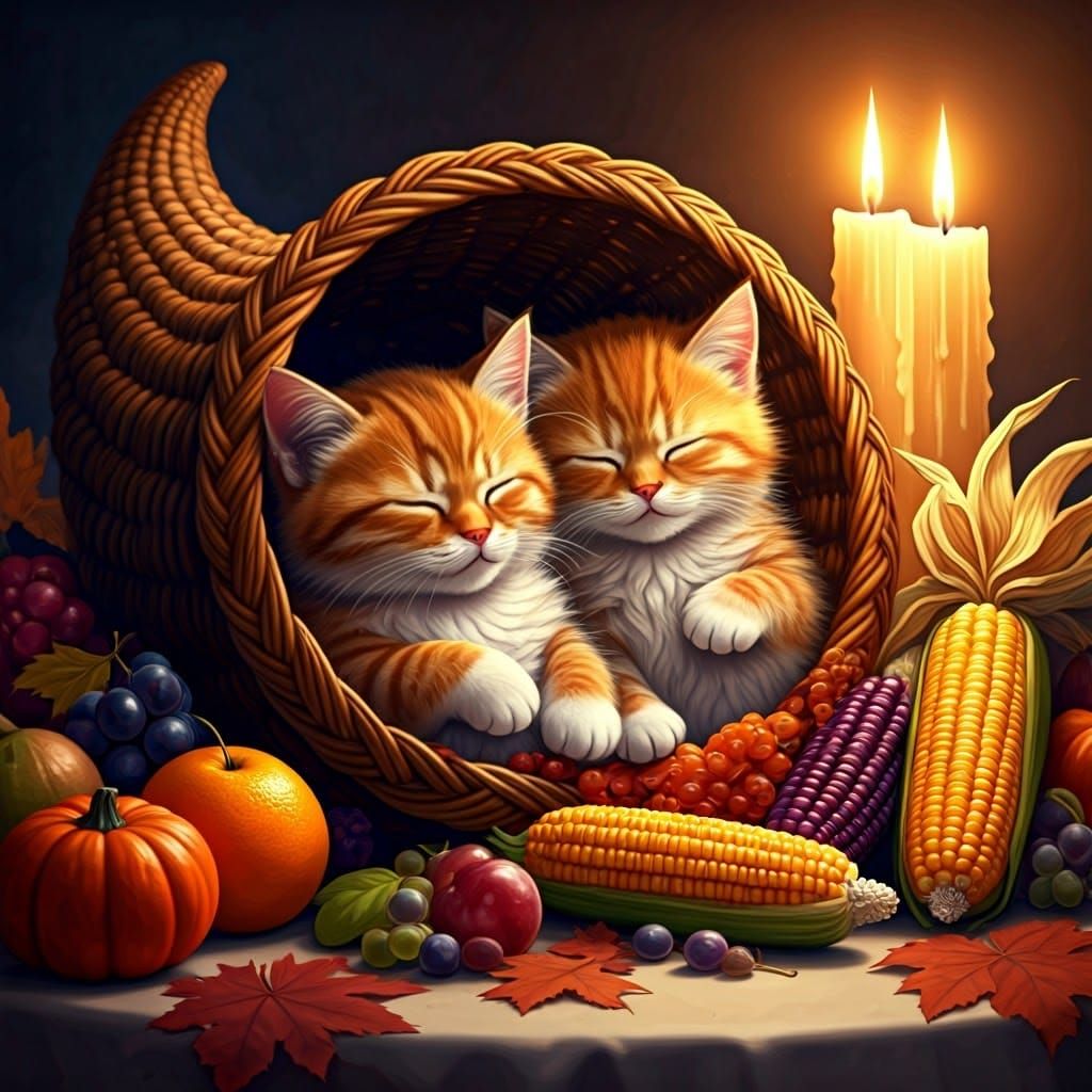 Kittens Asleep in Cornucopia: Anime-Inspired Thanksgiving Ar...