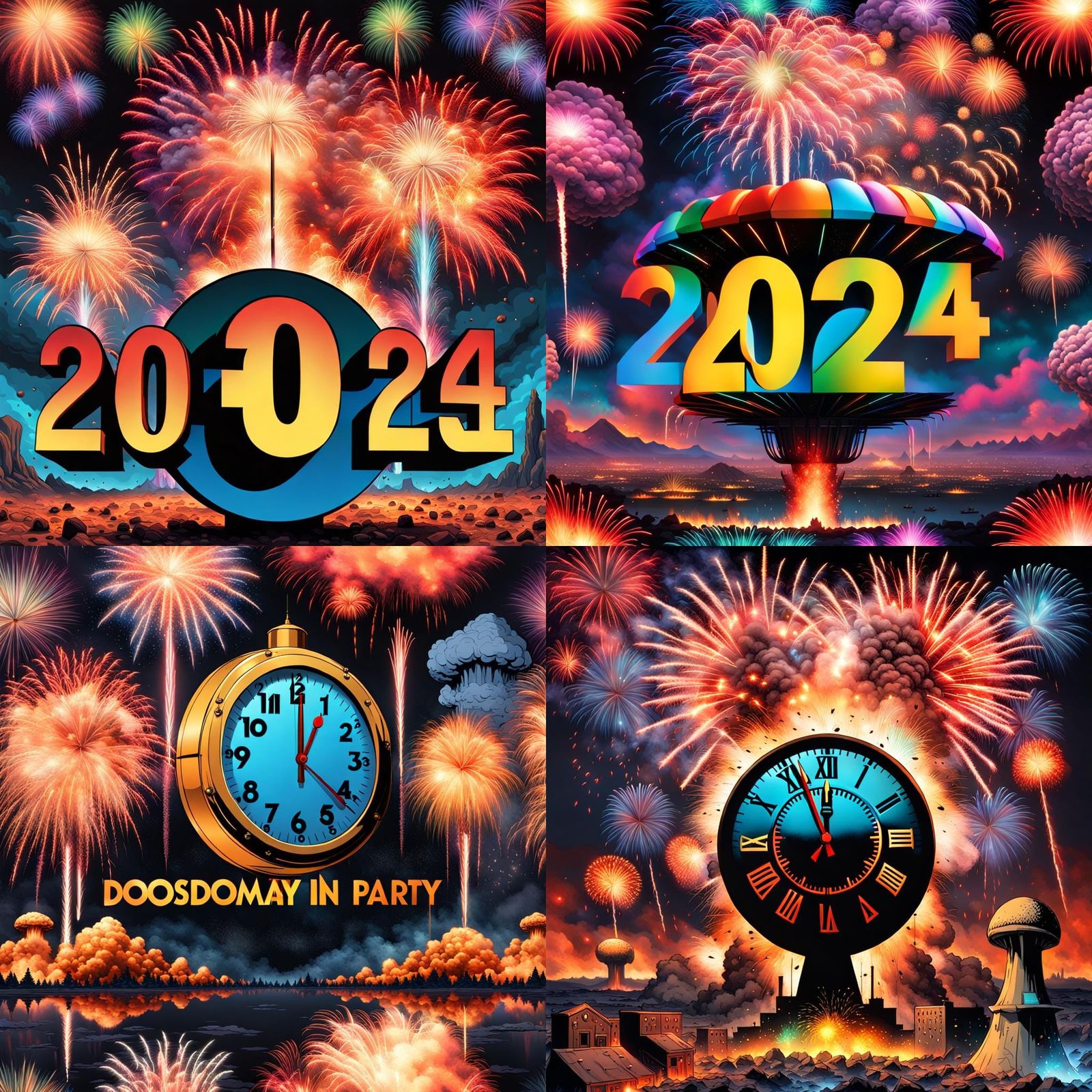 Colorful Doomsday Clock with Fireworks and Nuclear Cloud