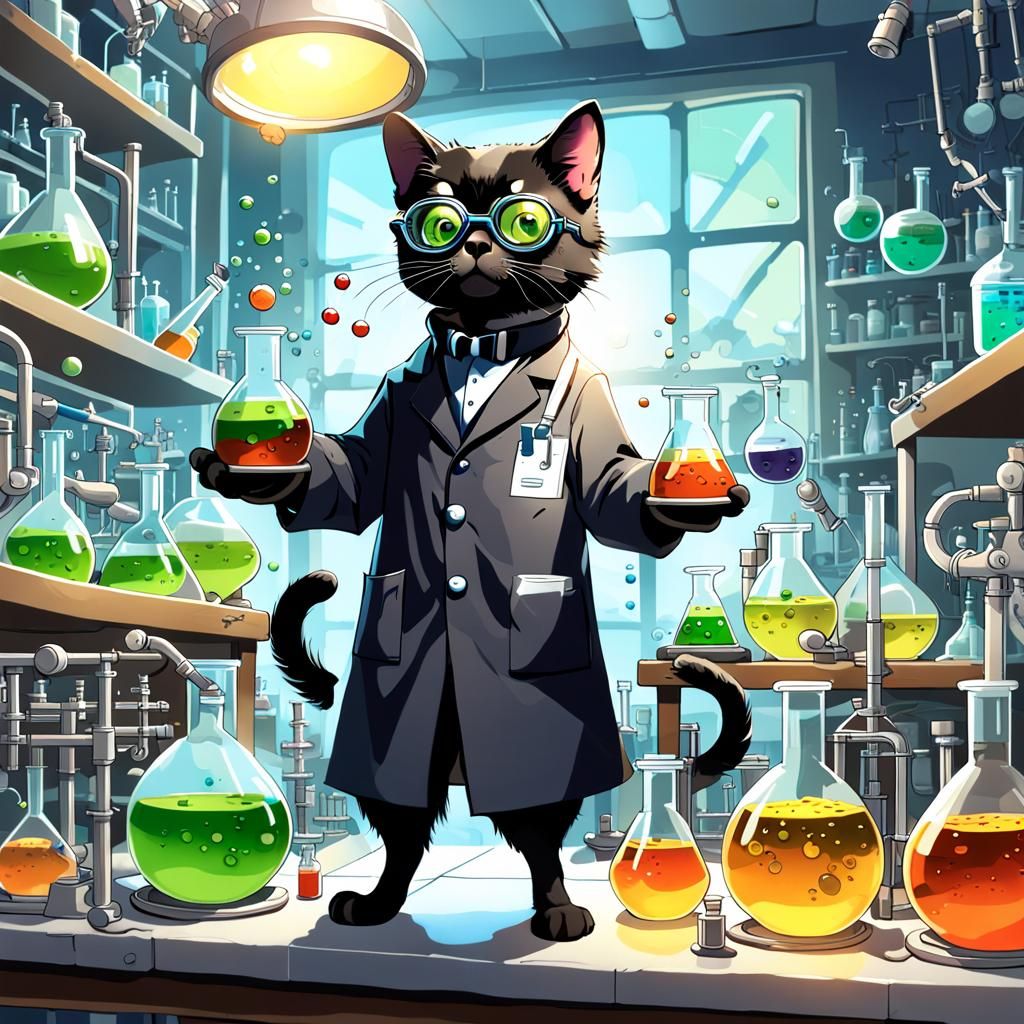 Mad Scientist Cat in a Whimsical Laboratory