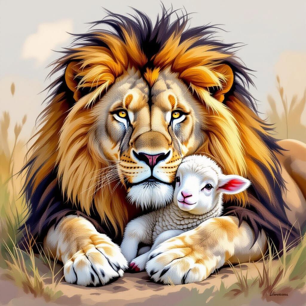Majestic Lion and Lamb in Protective Embrace