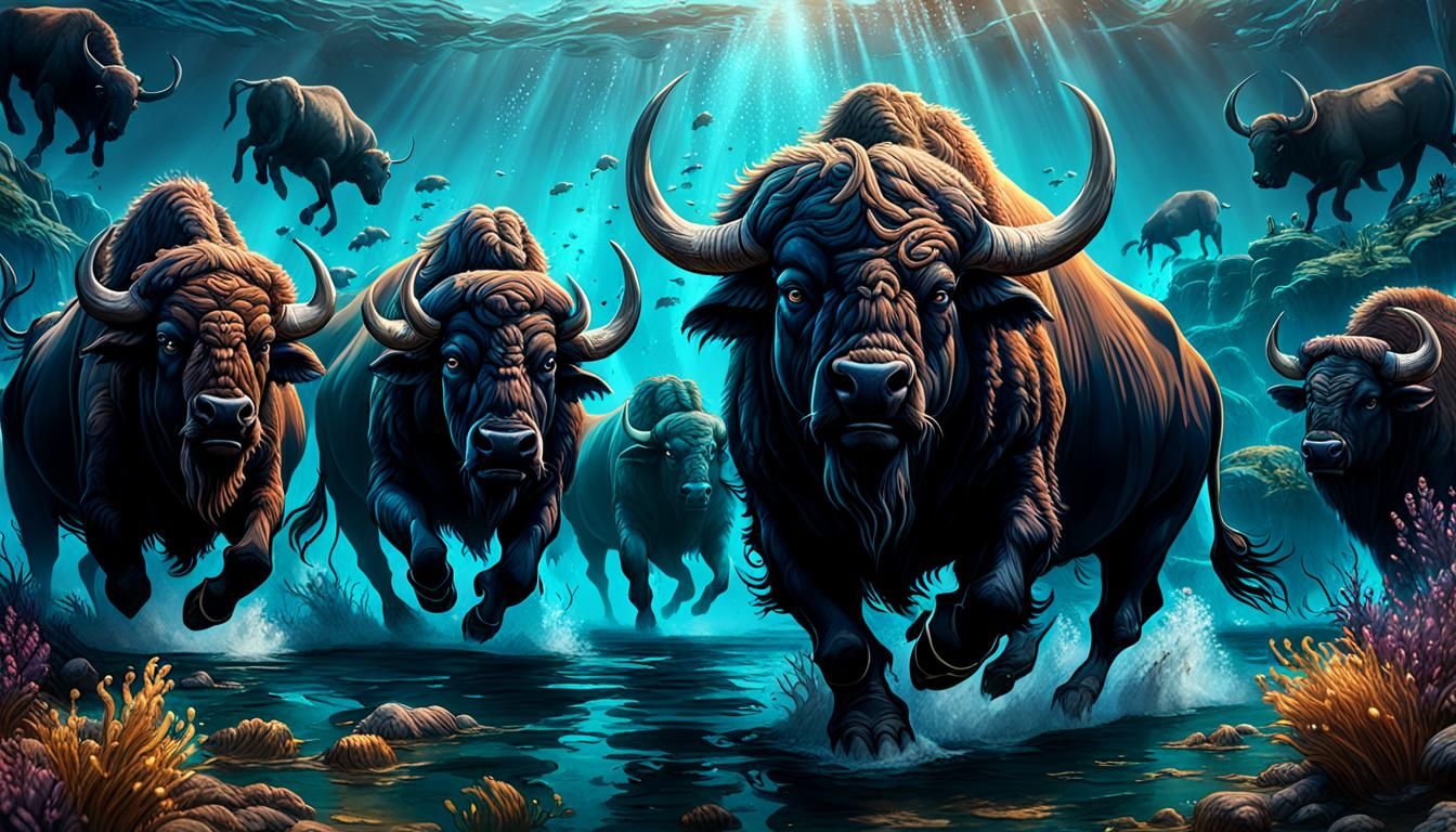 Underwater Buffalo Stampede in Detailed Matte Painting
