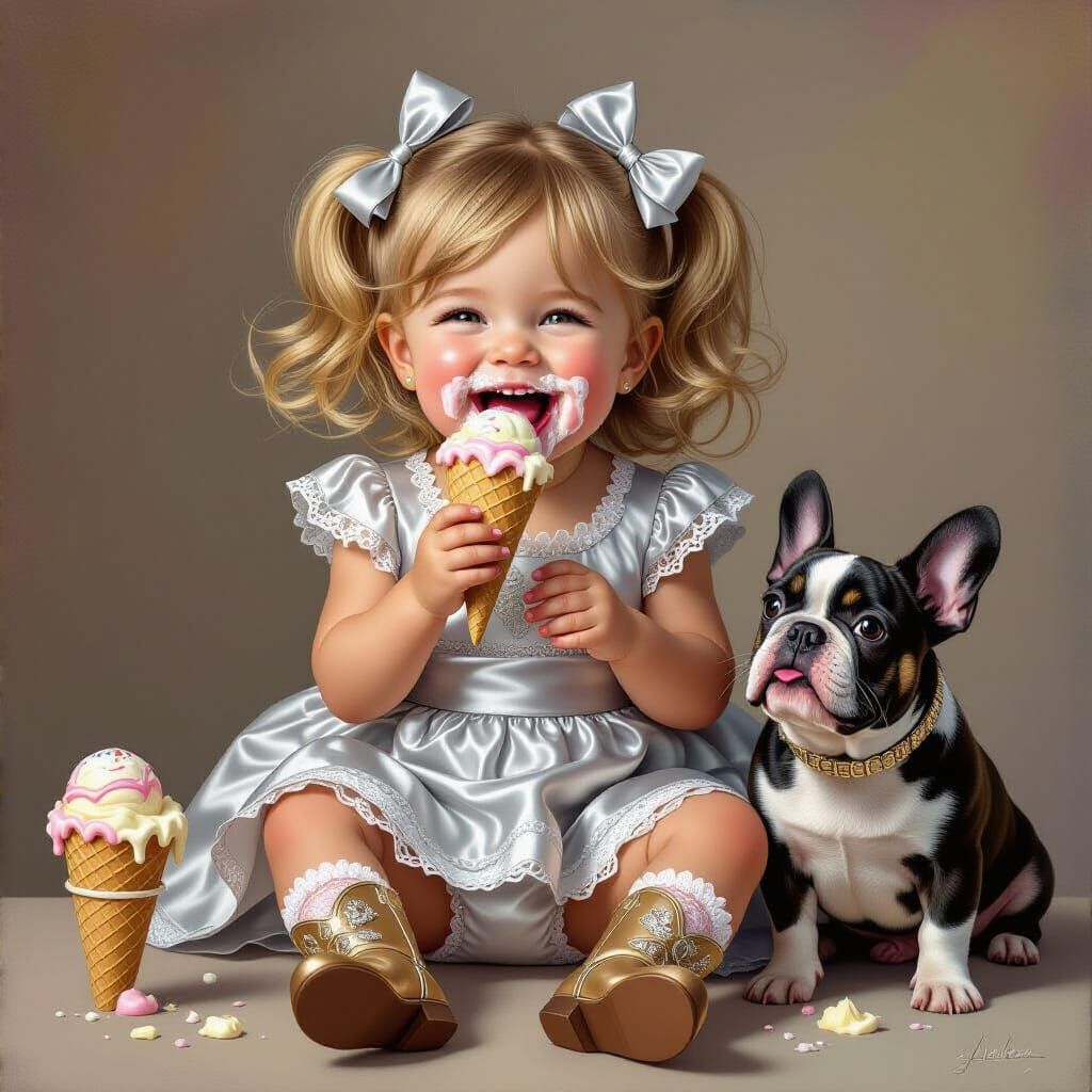 Girl and French Bulldog Enjoying Ice Cream