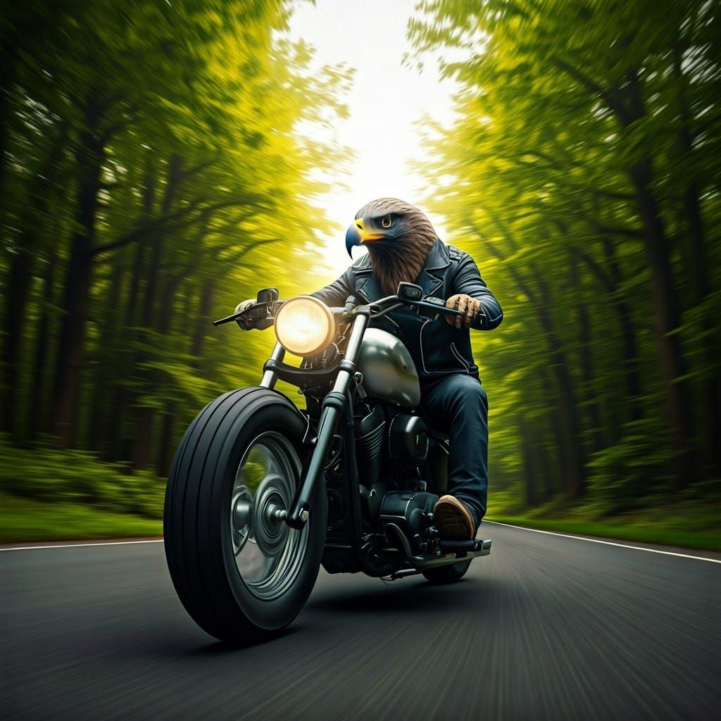 Cyberpunk Eagle Biker Cruises Winding Road
