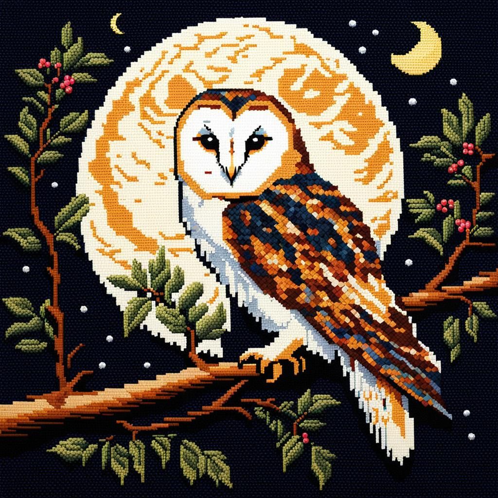Cross-Stitch Barn Owl Under Moonlight
