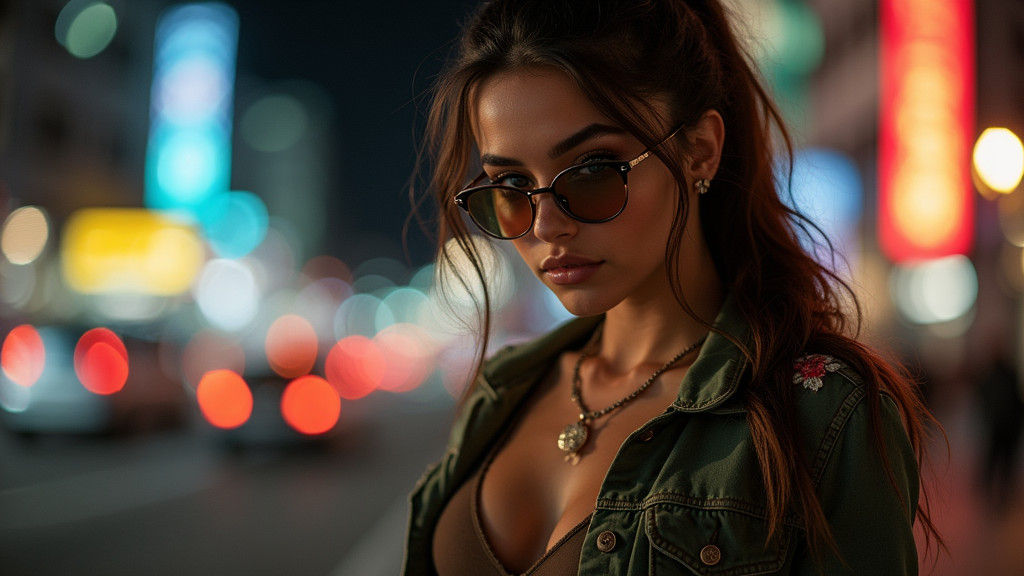 City Night Portrait of a Woman in Floral Embroidered Jacket