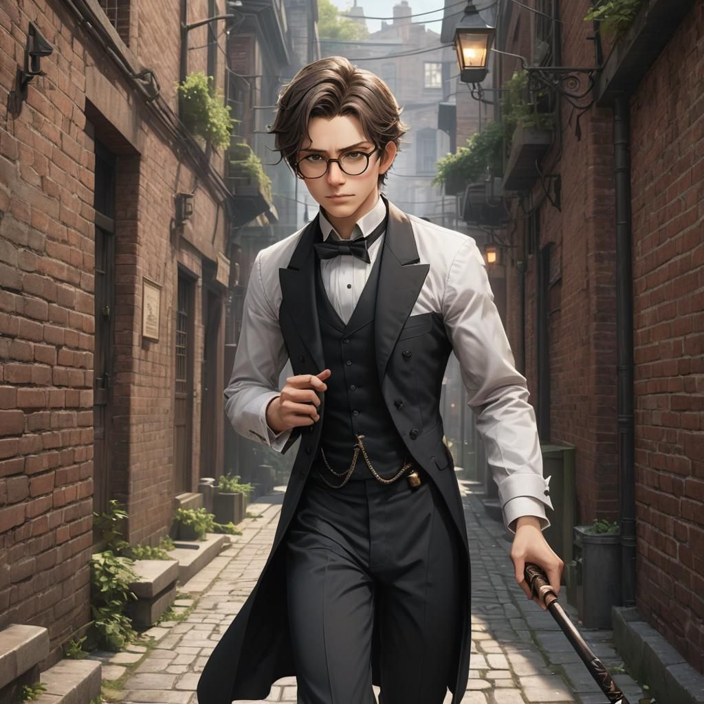 Victorian Butler with Cane Sword in Anime Style