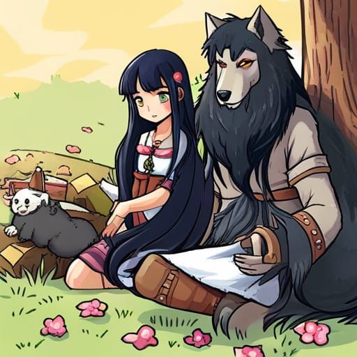 Werewolf and Girl with Long Black Hair