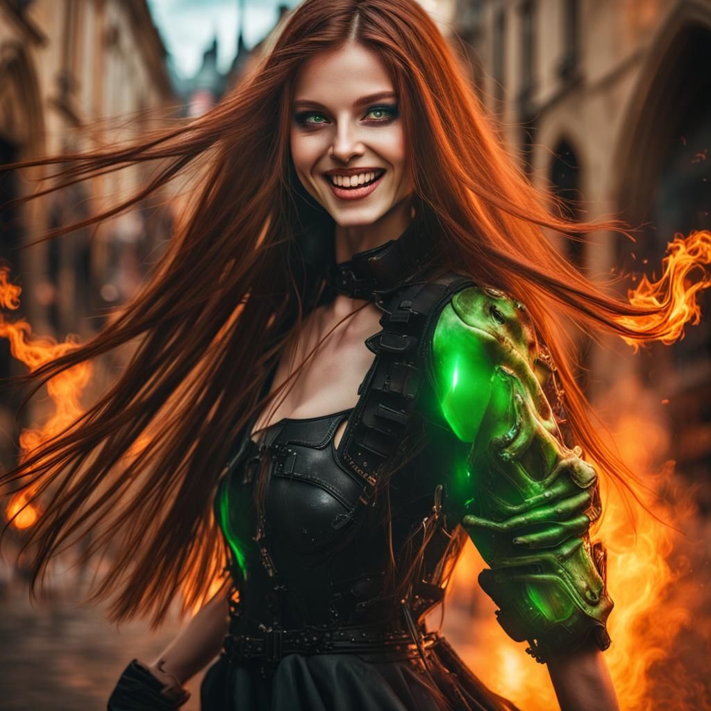 Cyberpunk Woman Dancing in the Flames of Prague