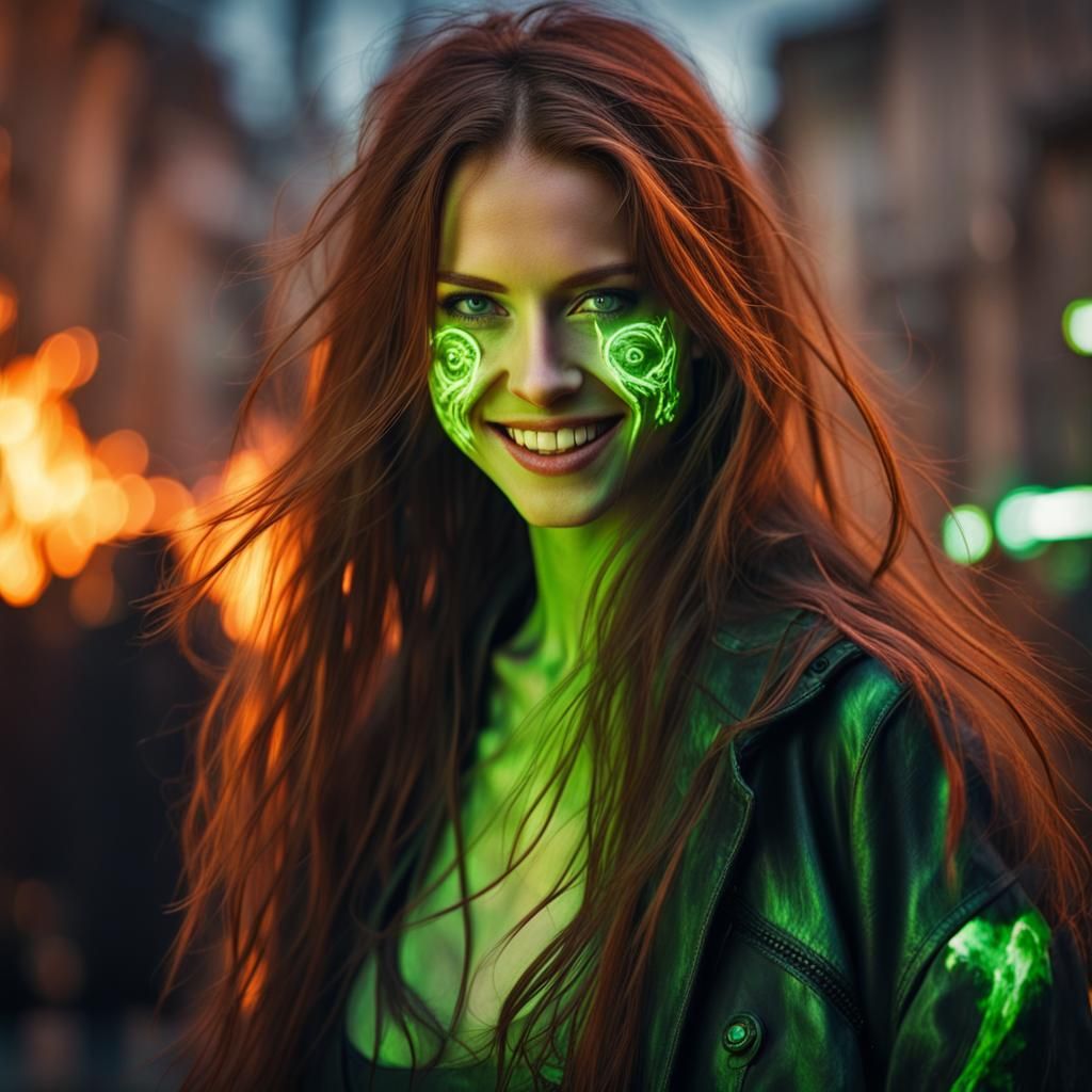 Cyberpunk Woman Dancing in Prague Flames