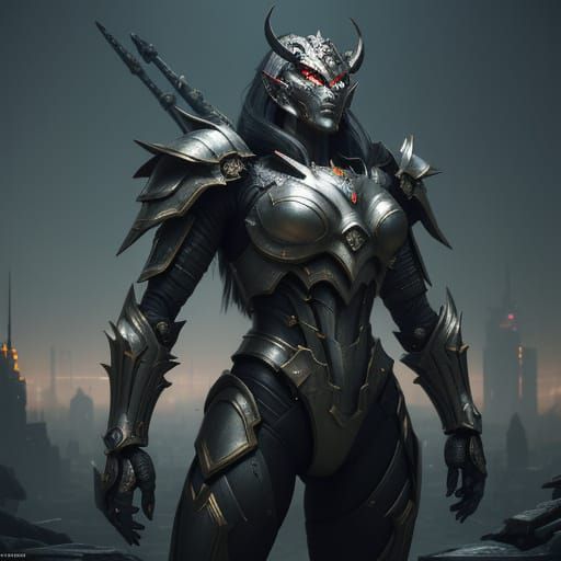 Regal Cyberpunk Warlord in Dystopian Cityscape